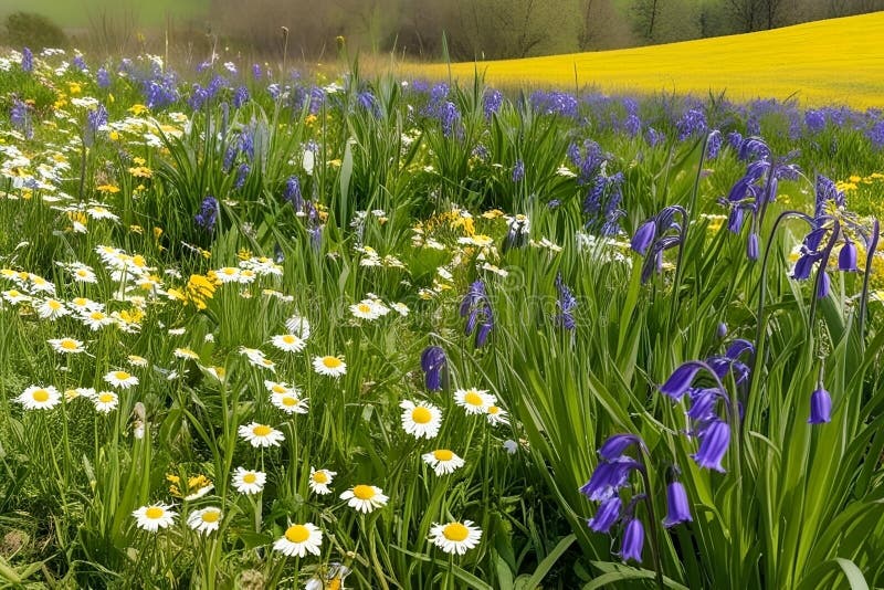 Daisies and purple wild flowers field on natural field. royalty free illustration