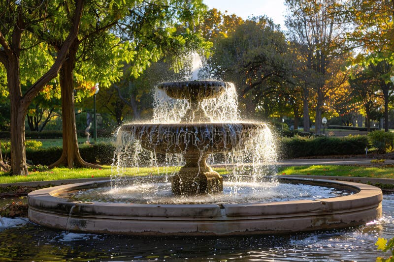 Beautiful dark fountain in the park with sunlight vector illustration