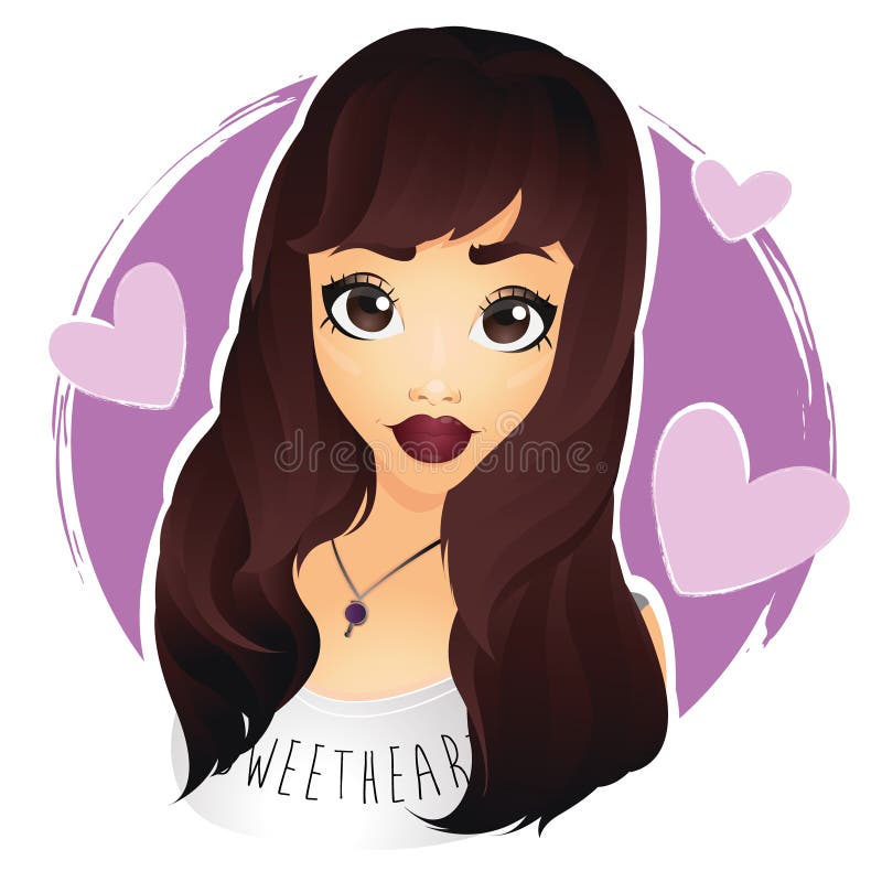 Beautiful dark haired girl on purple background stock illustration