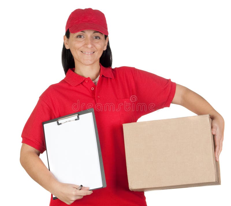Beautiful dealer with box and clipboard stock photos