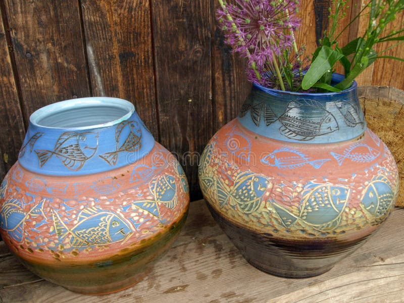Beautiful Decorated Clay Vases Stock Photo Image of background
