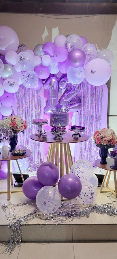 Beautiful Decoration with Purple Balloons for a 12th Birthday Party ...