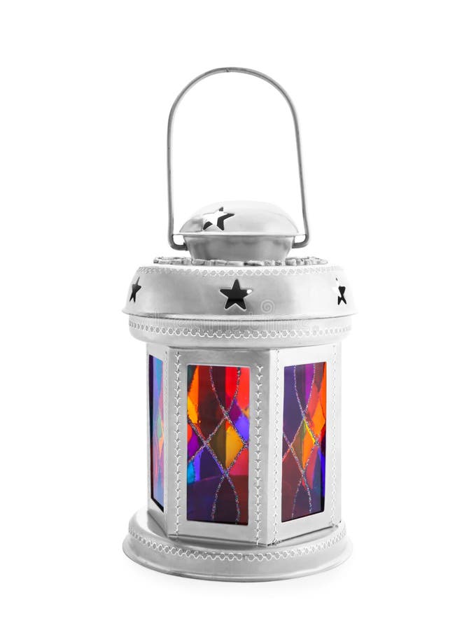 Beautiful Decorative Lantern with Color Glasses Isolated on White Stock