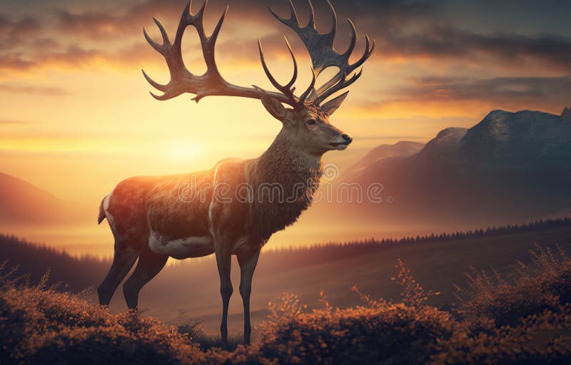 Download Ai Generated, Deer, Sunset. Royalty-Free Stock