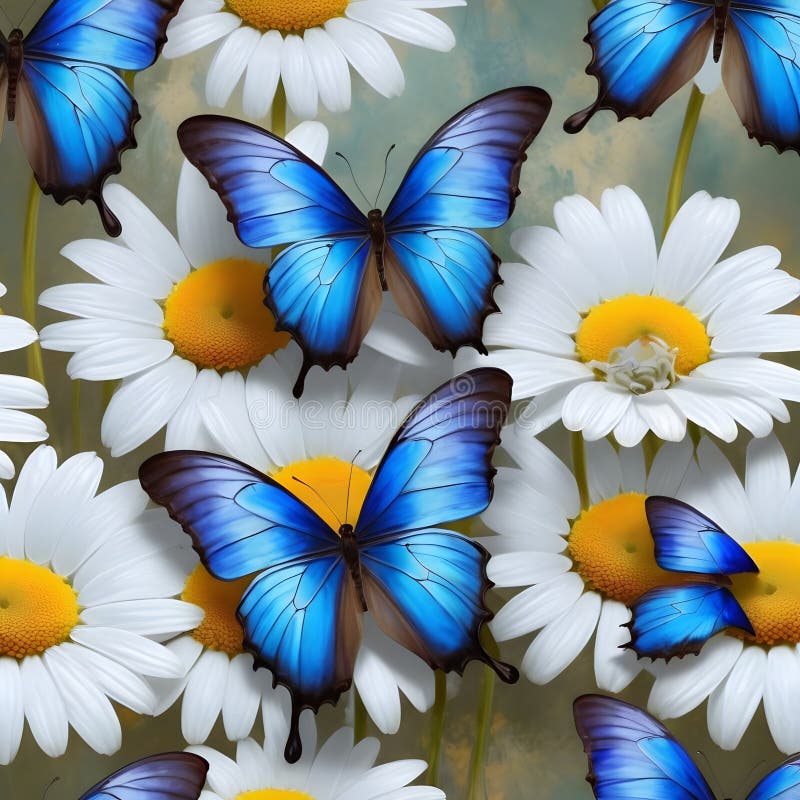 An illustration of a Beautiful, delicate daisy flowers with vibrant blue tropical morpho butterflies painted with oil paint stock illustration