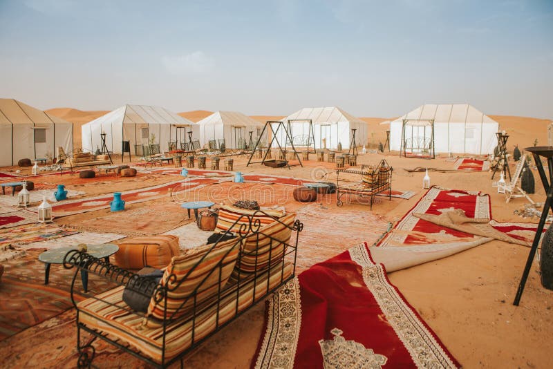 Sahara Desert Camp and Tents for Tourists Stock Image - Image of hill, arabian: 163640163