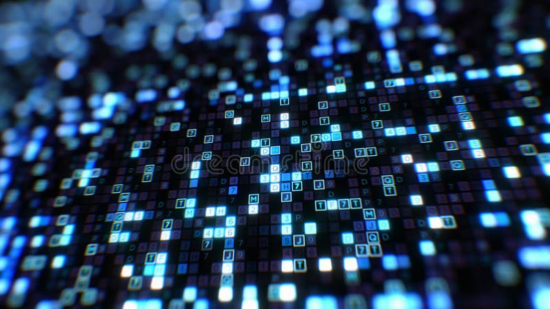 Beautiful Digital Code Hexadecimal Big Data Blue Color Seamless. Changing Letters and Numbers Glowing Looped 3d stock illustration