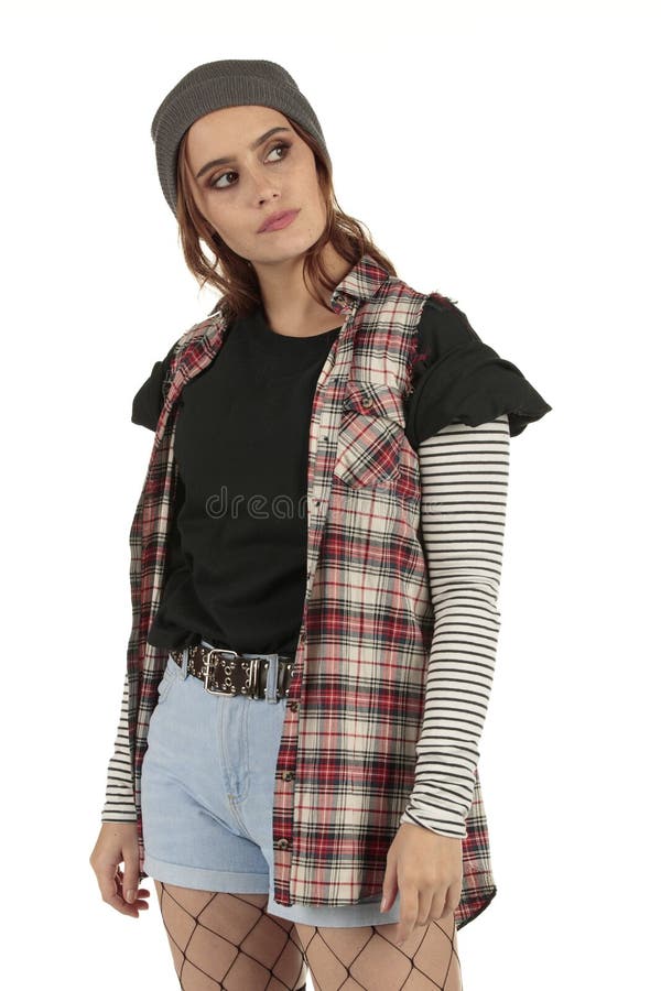 Beautiful but distant grunge, rock punk girl in a tucked in baggy black tshirt with a plain space for your band design tees
