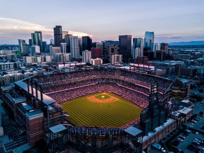Beautiful drone photo of Denver Colorado at sunset