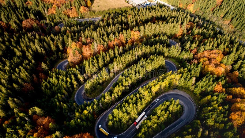 Beautiful drone view of winding forest road in the middle of mountains. Colourful landscape with rural road, trees with yellow lea