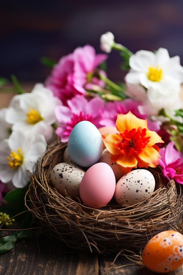 Ouă frumoase de Paști în cuib. concentrare selectivă. stock photo
