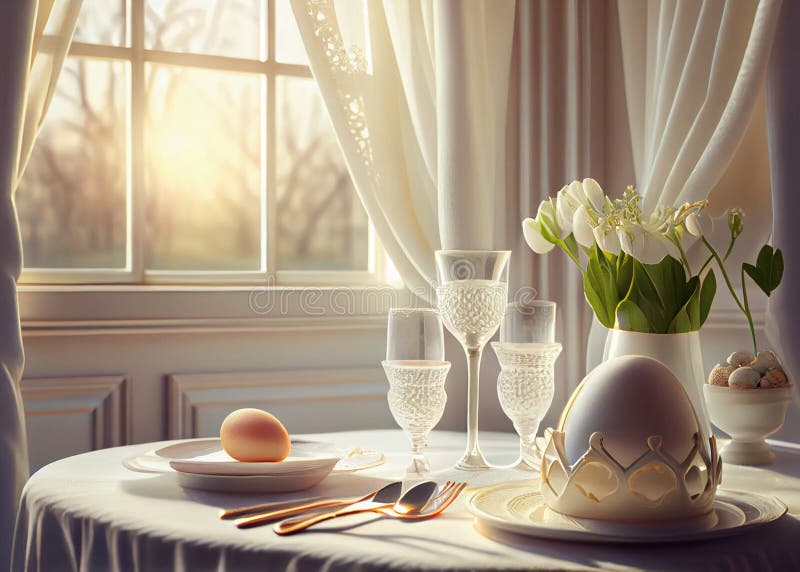 Beautiful Easter Table Setting with Festive Decor Indoors. AI Generated