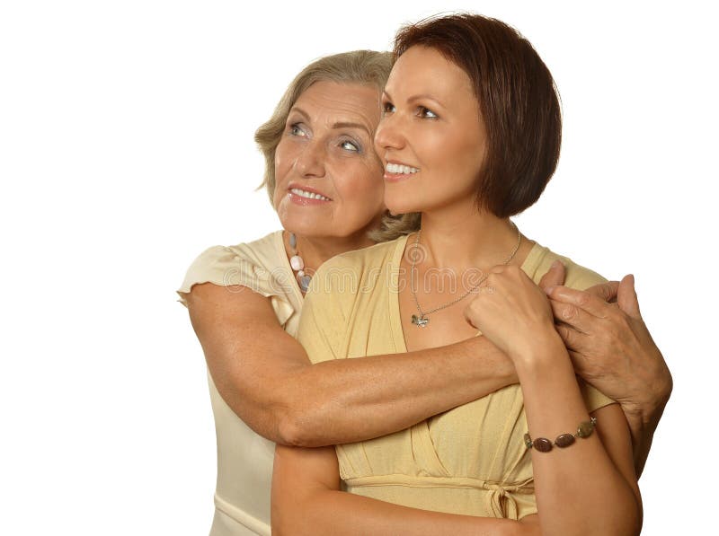 Beautiful elderly mother with an adult daughter. 