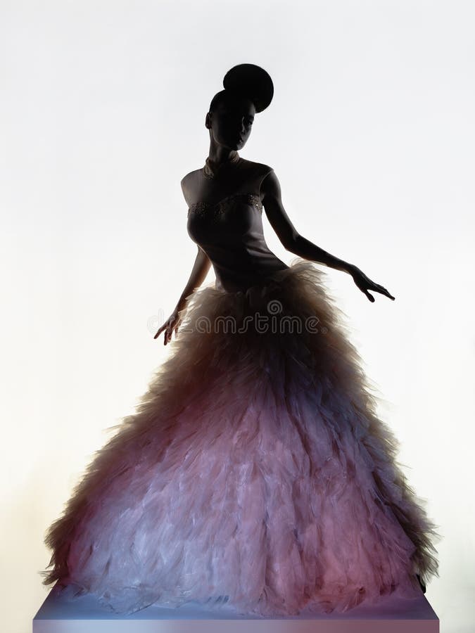 Art fashion studio photo of beautiful elegant woman in luxury evening dress. Drawing of shadows and light. Light and color effects. Fashion style