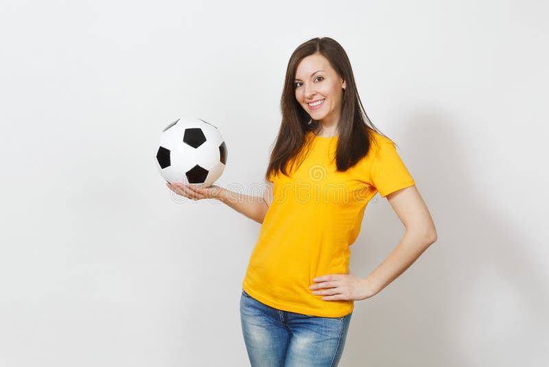 Beautiful European young people, football fan or player on white background. Sport, play, health, healthy lifestyle concept.