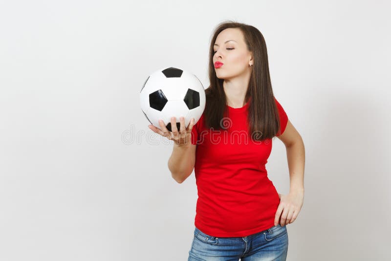 Beautiful European young people, football fan or player on white background. Sport, play, health, healthy lifestyle concept.