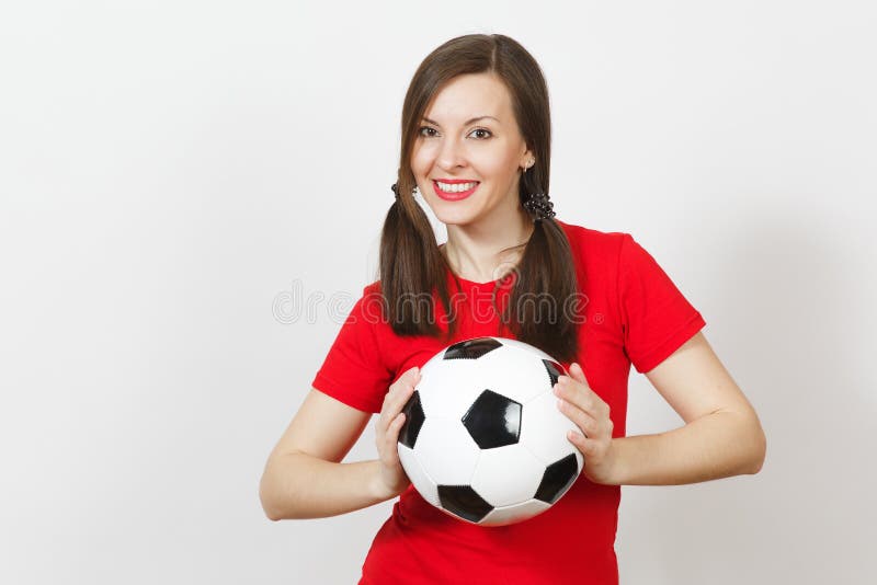 Beautiful European young people, football fan or player on white background. Sport, play, health, healthy lifestyle concept.