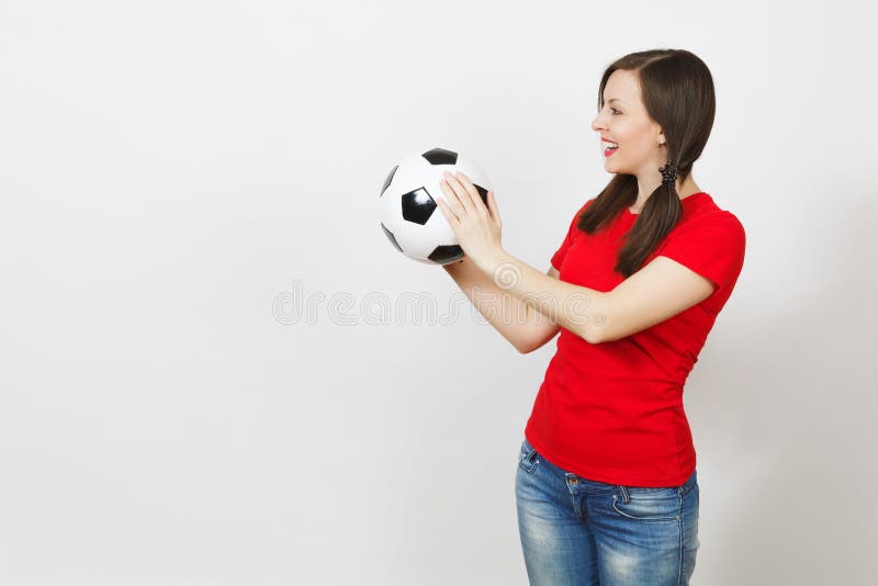 Beautiful European young people, football fan or player on white background. Sport, play, health, healthy lifestyle concept.