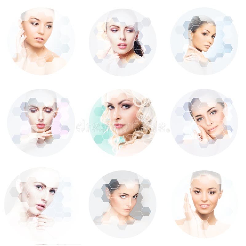 Beautiful face of young and healthy girl in collage. Plastic surgery, skin care, cosmetics and face lifting concept. stock photography Beautiful face of young and healthy girl in collage. Plastic surgery, skin care, cosmetics and face lifting concept. stock photography