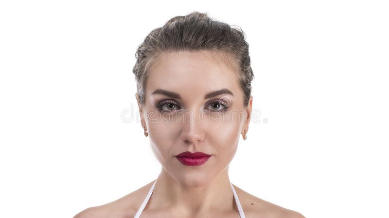 Beautiful Face of Young Woman with Clean Fresh Skin close up isolated on white. Beauty Portrait. Beautiful Spa Woman stock photos Beautiful Face of Young Woman with Clean Fresh Skin close up isolated on white. Beauty Portrait. Beautiful Spa Woman stock photos