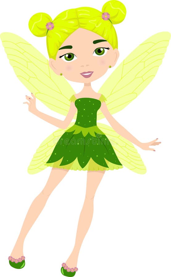 Cartoon Fairy Girl in Green Dress. Fairytale Character with Magic Wings ...