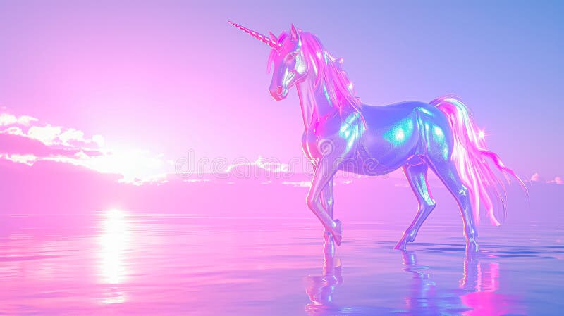 Beautiful fairy sparkling iridescent surreal unicorn standing against pastel rainbow colors sunset. Y2k aesthetic