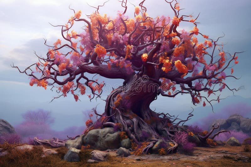 Peisaj fantezist frumos cu un arbore mare și vechi stock illustration