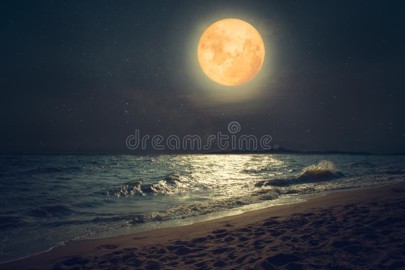 Beautiful fantasy tropical sea beach. Full moon super moon