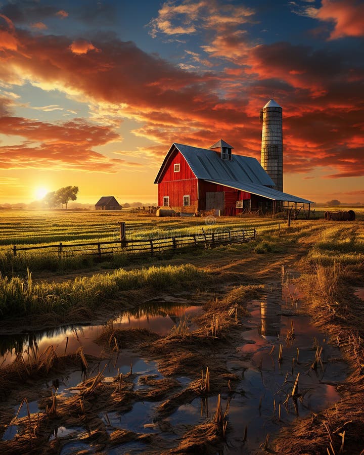 Farm Barn Wheat Field Green Grass Sunset Cows in the Distance ...