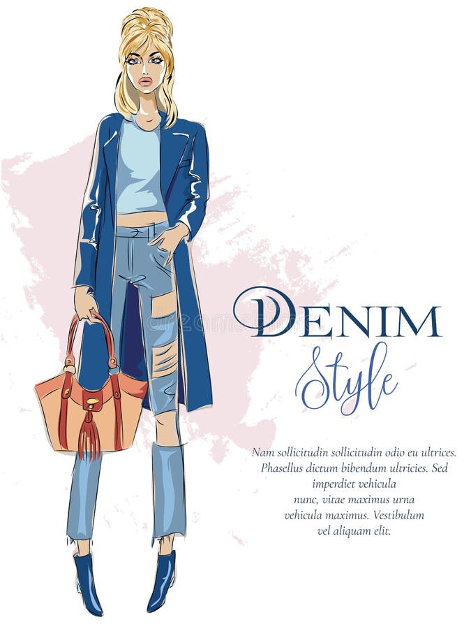 Beautiful fashion girl with denim style logo and advertising text template, runway show, blonde woman wearing blue outfit, sa