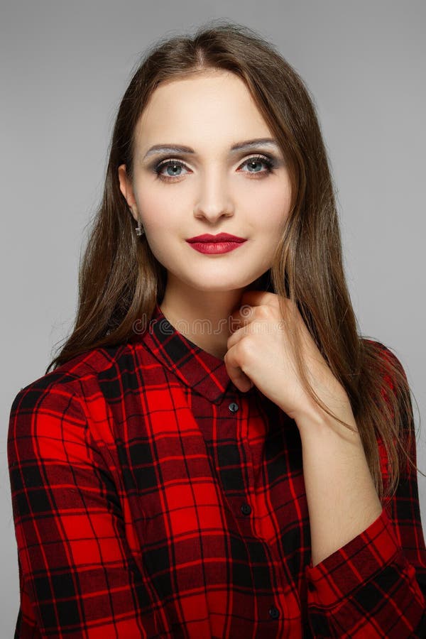 Beautiful Fashion Model In Red Plaid Shirt Clean Fresh Face Of Pretty