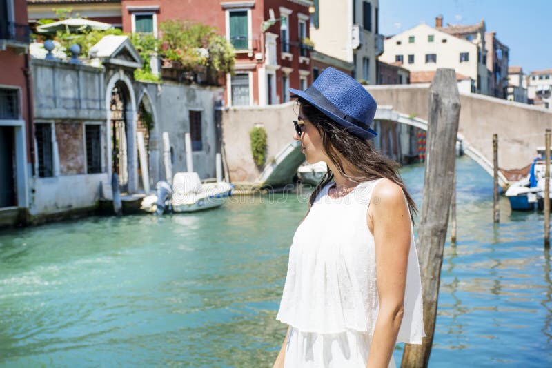 Beautiful Fashion Woman With Hat In Venice Italy Stock