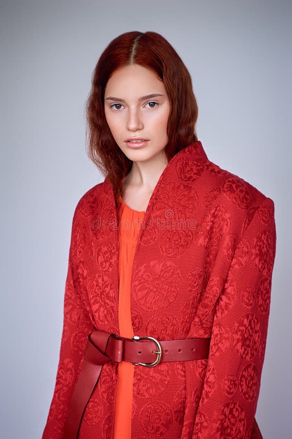 Beautiful Fashionable Girl Posing in Red Jacket Stock Photo - Image of ...