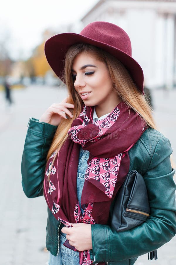 Beautiful Fashionable Woman in a Hat and Scarf Posing Stock Photo ...