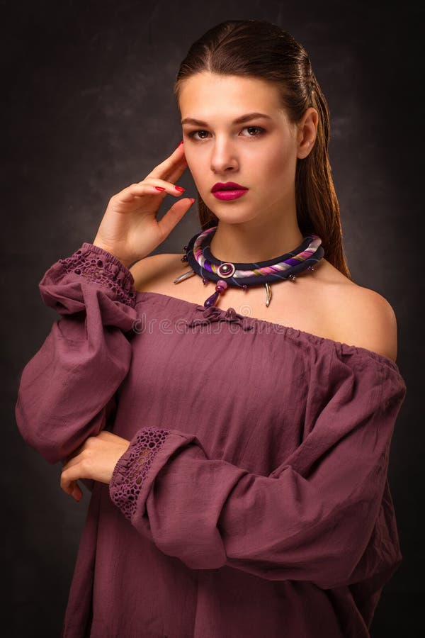 Beautiful Female Brunette Model In Handmade Accessories Fashion Jewelry Necklace Stock Image