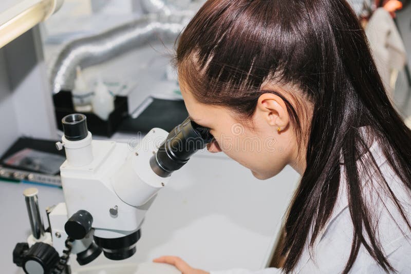 Beautiful female computer expert professional technician examining board computer in a laboratory in a factory stock image