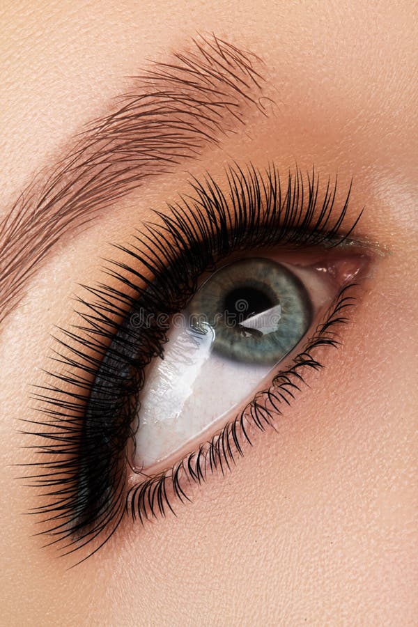 Beautiful female eye with extreme long eyelashes, black liner makeup. Perfect make-up, long lashes. Closeup fashion eyes