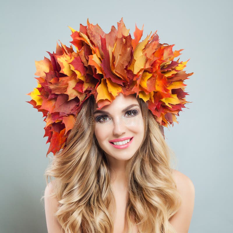 Beautiful Female Face. Happy Woman with Autumn Leaves Crown, Makeup and ...