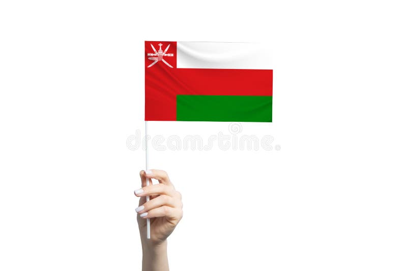 Beautiful female hand holding Oman flag, isolated on white background stock image
