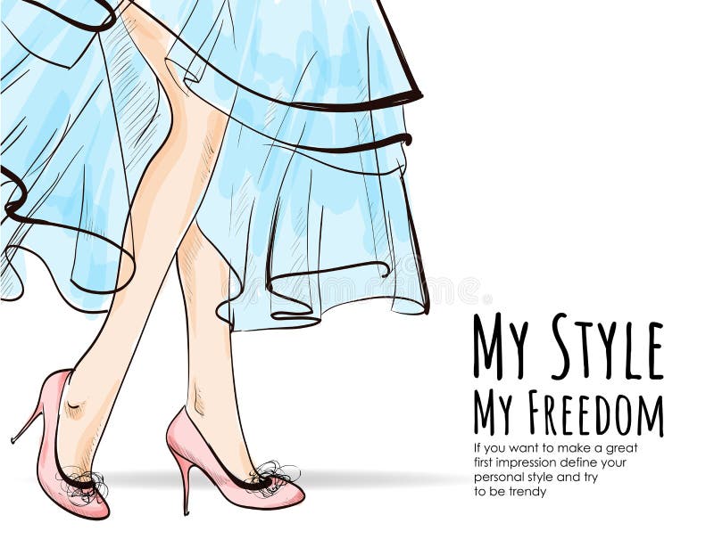 Beautiful female legs. Legs with high heels. Woman in a blue dress. Fashion sketch