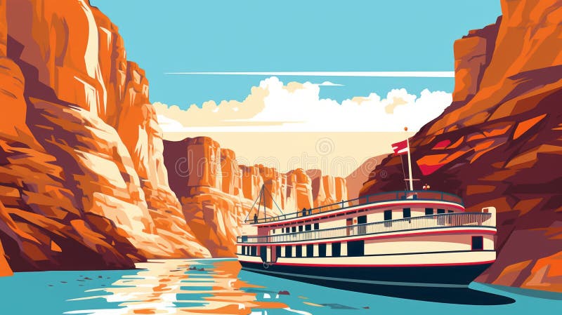 Beautiful Ferry Side View In Vector Art Line. this simple yet colorful draw depicts a stunning ferry side view in a canyon, created using vector art line techniques. ai generated