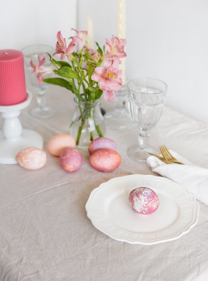 Beautiful Festive Easter Table Setting with Linen Napkin and