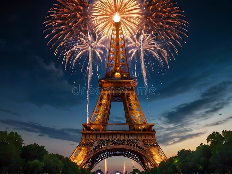 Beautiful fireworks over the city in honor of the holiday, fireworks over the eiffel tower stock illustration
