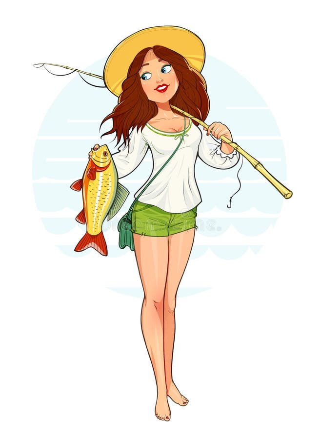 Beautiful Fisher Girl with Fish and Rod Stock Illustration - Illustration  of lady, beautiful: 80801880