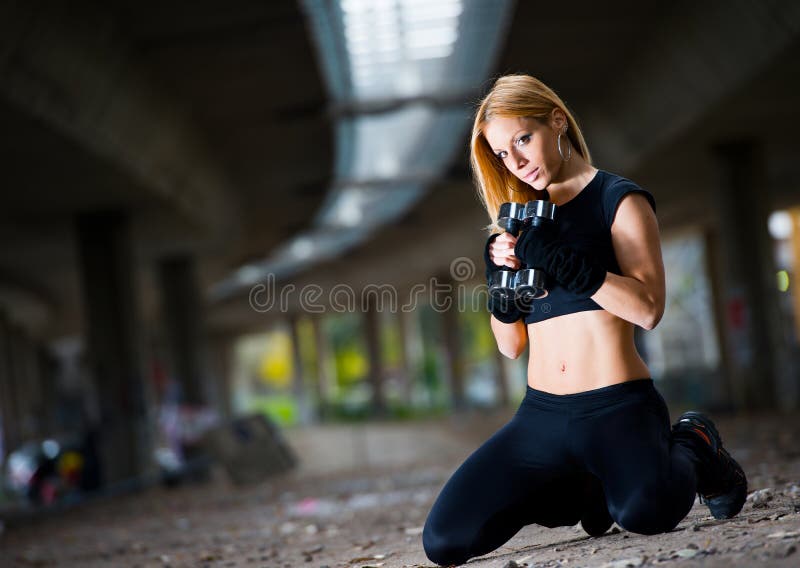 Beautiful Fit Woman Lifting Weights Outdoors Stock Photo Image of