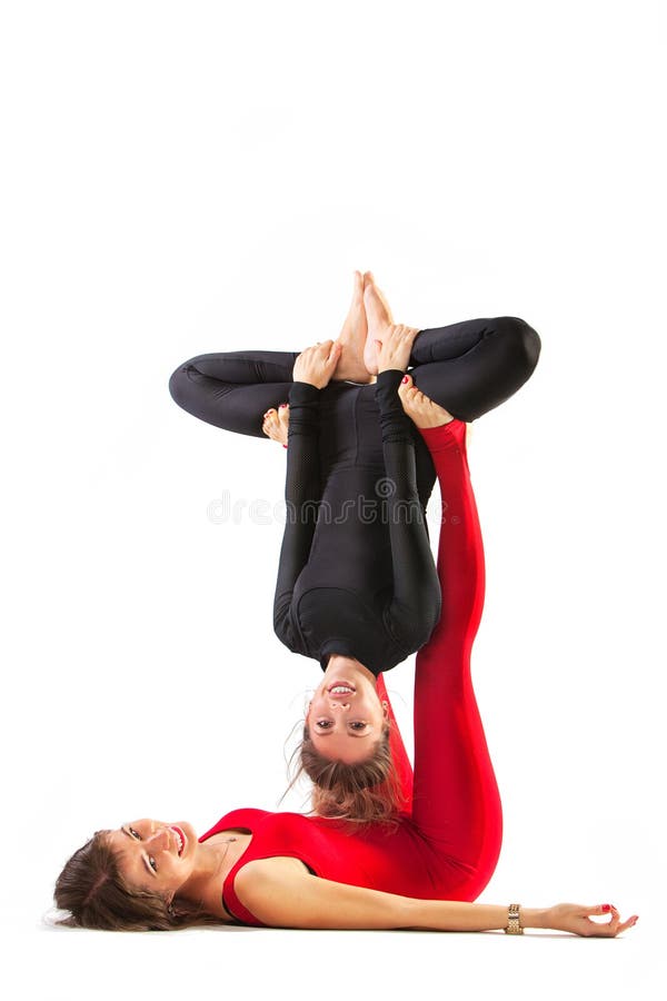 beautiful flexible woman doing yoga poses on white background