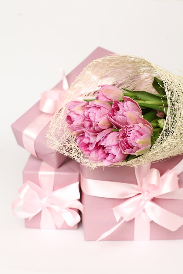 Flowers and Gift Box on Wooden Background Stock Photo Image of