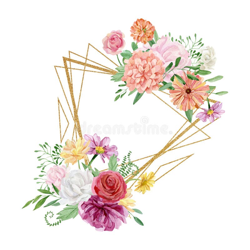 Beautiful floral frame with watercolor purple peony, red rose. Greenery branches and leaves composition. Wild flower botanical royalty free illustration Beautiful floral frame with watercolor purple peony, red rose. Greenery branches and leaves composition. Wild flower botanical royalty free illustration