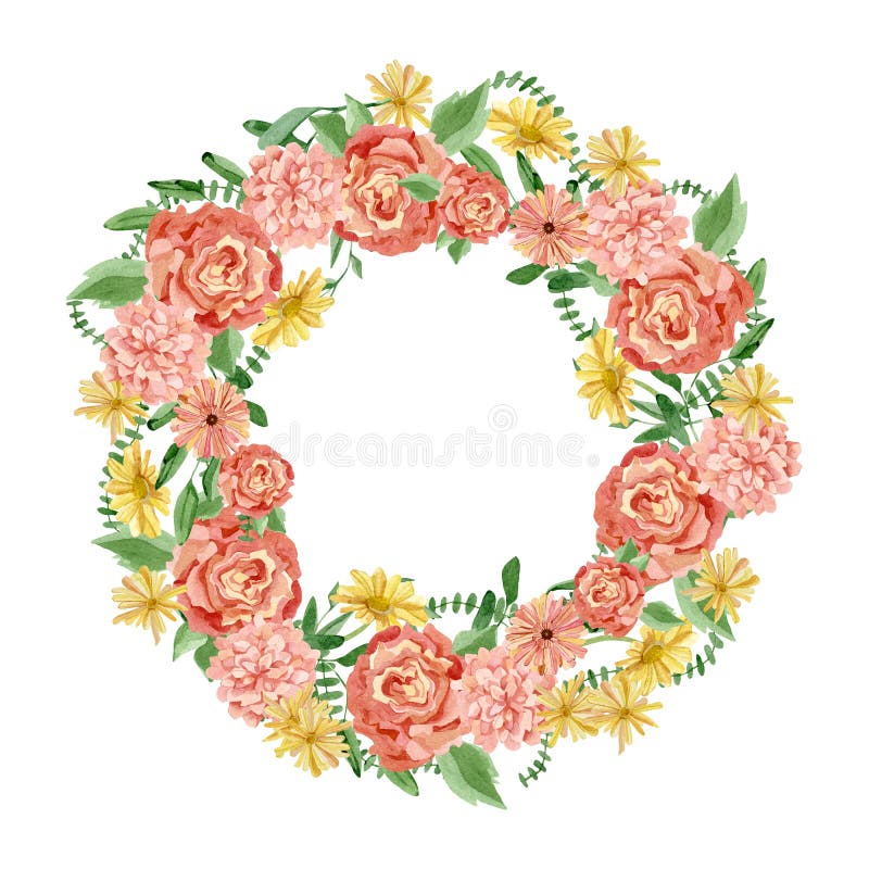 Beautiful floral wreath with watercolor,blush chrysanthemum. Greenery branches and leaves composition. Wild flower botanical royalty free illustration Beautiful floral wreath with watercolor,blush chrysanthemum. Greenery branches and leaves composition. Wild flower botanical royalty free illustration