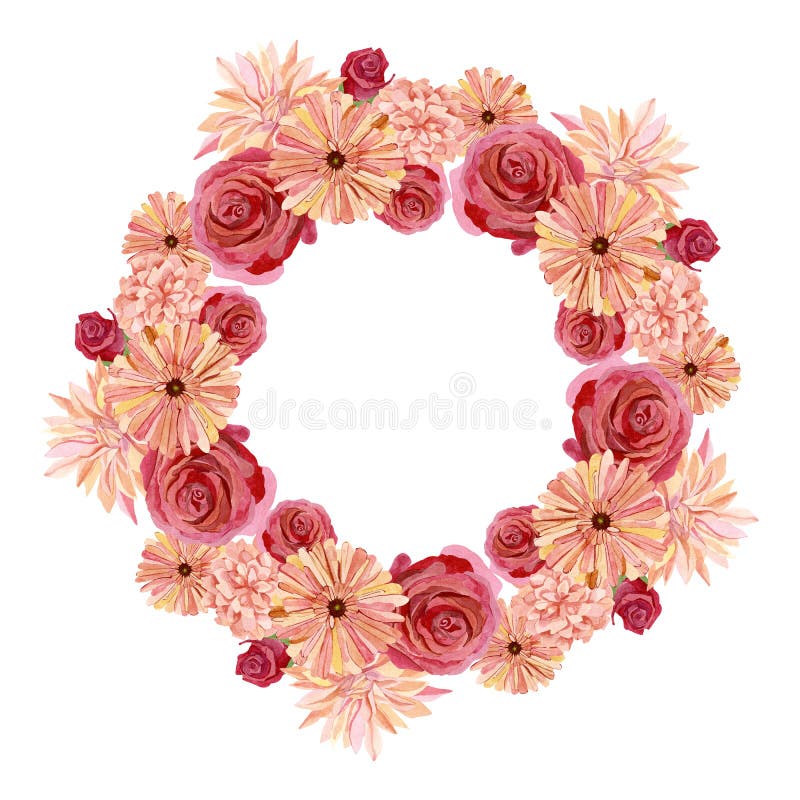 Beautiful floral wreath with watercolor red rose, chrysanthemum. Greenery branches and leaves composition. Wild flower botanical vector illustration Beautiful floral wreath with watercolor red rose, chrysanthemum. Greenery branches and leaves composition. Wild flower botanical vector illustration
